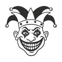 grinning jester face in black and white, classic joker illustration with pointy hat and expressive eyes vector