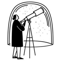 astronomer gazing through telescope, night sky observation scientist exploring space, stars, celestial discovery in observatory vector