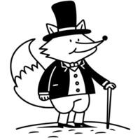 charming fox in a top hat and suit, standing with a cane black and white style, dapper attire, whimsical animal character vector