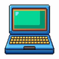 Retro Pixel Art Laptop Icon with Green Screen and Yellow Keyboard vector