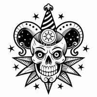 Black and White Jester Skull with Star and Spiral Hat Design vector