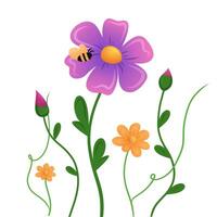 Bright flowers in various colors with a buzzing bee collecting nectar. vector