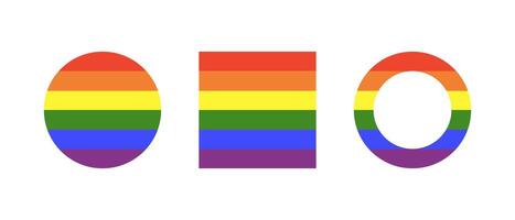 Rainbow flag badges. Gay pride frame. Progress Logo minimalist symbol. LGBT circle icons. Stickers in rainbow colors set. Round, square buttons. Template trendy design. vector
