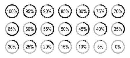 Percentage infographics elements. Round diagrams icons for infographics from 0 to 100 percent. Black, grey color fill divided pie charts indicators. Circle graph loading progress minimalist mockups. vector