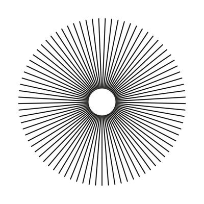 Radial circle lines form. Circular lines trendy element. Symbol of Sun star rays pattern. Flat design minimalist mockup. Spokes with radiating stripes. Abstract illusion geometric round shape.