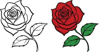 A beautifully detailed rose illustration featuring a black-and-white outline and a fully colored version vector