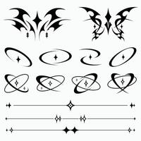 A set of Y2K-inspired tribal and celestial tattoo designs featuring stars, orbits, and sleek futuristic line art vector