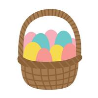 Easter spring basket with colorful eggs. Simple cute illustration in hand drawn naive cartoon doodle style isolated on white background vector