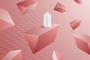 Realistic 3D product background red pink floating triangle cubic on tunnel dimension. Illustration display for product. vector