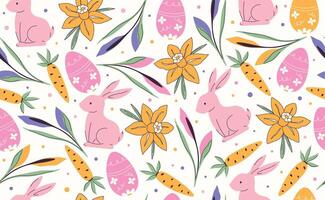 Modern Easter seamless pattern with egg, rabbit, carrot, spring flowers. Happy Easter pattern in flat style for background, kids textiles, posters, greeting cards, banners. illustration. vector