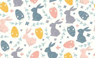 Modern Easter seamless pattern with egg, rabbit, spring flowers. Happy Easter pattern in flat style for background, kids textiles, posters, banners, greeting cards. illustration. vector