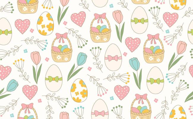 Modern Easter seamless pattern with egg, spring flowers, heart, basket, bow. Happy Easter pattern in flat style for background, kids textiles, posters, banners, greeting cards. illustration.