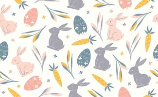 Modern Easter seamless pattern with egg, rabbit, carrot, spring flowers. Happy Easter pattern in flat style for background, posters, banners, greeting cards, kids textiles. illustration. vector