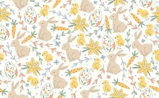 Modern Easter seamless pattern with egg, rabbit, carrot, spring flowers. Happy Easter pattern in flat style for background, kids textiles, posters, banners, greeting cards. illustration vector