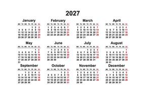 2027 Monday Start Horizontal Black and White Red Calendar Template, Simple layout of pocket or wall calendars. Stationery organizer in minimal design vector
