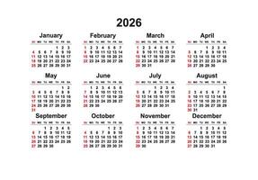 2026 Sunday Start Horizontal Black and White Red Calendar Template, Simple layout of pocket or wall calendars. Stationery organizer in minimal design vector