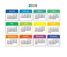 Calendar grid 2026 colorful Simple layout of pocket or wall calendar, Sunday Start colorful calendar vector