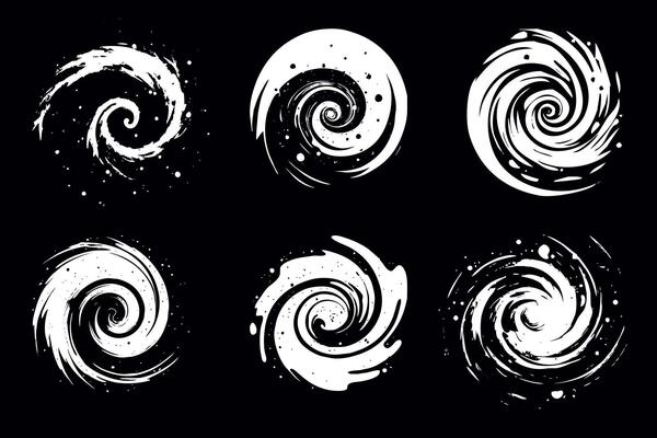 A set of abstract swirls and vortex patterns. Swirling Ink Abstract Design. Image of a galaxy and a cosmic path