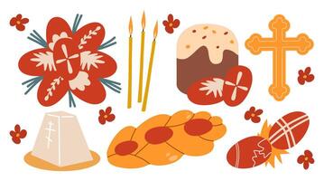 A set of illustrations of Orthodox Easter with bakery cakes with candles and easter colored eggs. vector