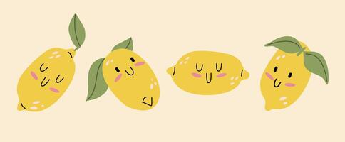 Cute kawaii lemon. The lemons are placed in different positions. vector