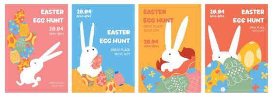 A set of posters or invitations for Easter egg hunt with eggs and cute cartoon rabbits. vector