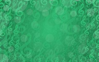 green music background with treble clef. Bokeh backdrop with falling and floating treble clefs and space for text. Musical illustration for design, flyers, posters, awards, scrapbook, covers vector