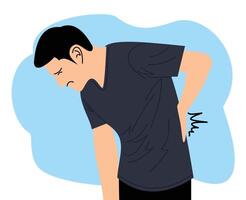 young man touching back trying to ease pain in spine. young man backache vector