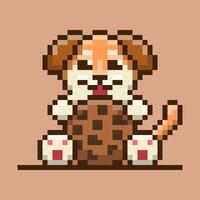 A pixel art illustration of a dog or puppy embracing a large chocolate chip cookie. The pixelated style adds a nostalgic and retro feel. vector