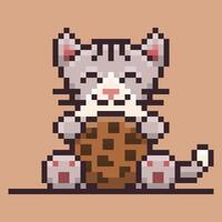 A pixel art illustration of a cat or kitten embracing a large chocolate chip cookie. The pixelated style adds a nostalgic and retro feel. vector