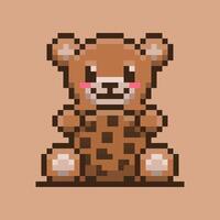 A pixel art illustration of a teddy bear embracing a large chocolate chip cookie. The pixelated style adds a nostalgic and retro feel. vector