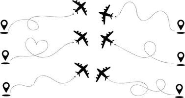 airplane with start and end point line path travel icon set vector