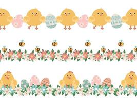 Easter horizontal pattern with chickens, spring flowers and Easter eggs. Border or frame design. vector