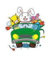 Easter greeting postcard. Cute cartoon white rabbit and bee driving a car. Easter kawaii characters. vector