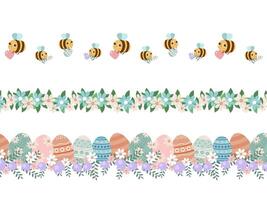 Easter horizontal pattern with bees spring flowers and Easter eggs Border or frame design vector
