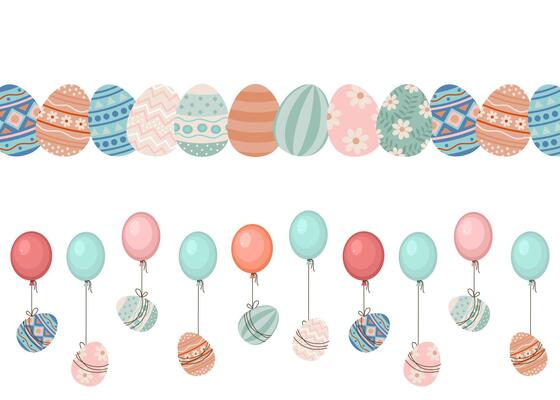 Easter horizontal pattern with Easter eggs and balloons. Border or frame design.