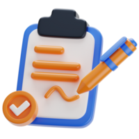 A clipboard with a pen and check mark. contract 3d icon png