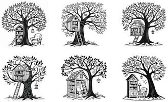 A set of four tree houses with a birdhouse and a ladder vector