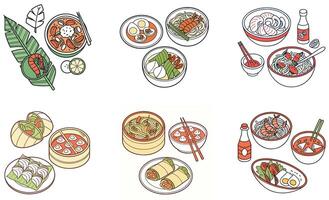 A set of different types of food in bowls vector