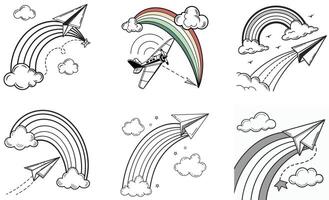 A set of four different colored paper airplanes flying over a rainbow vector