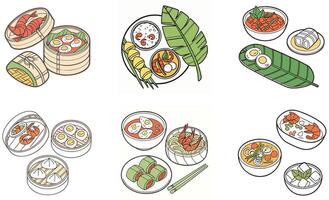 A set of different types of food in bowls vector