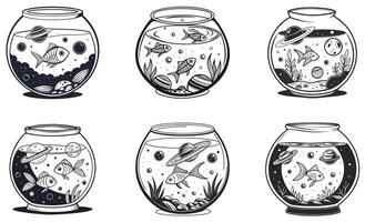 Aquariums with fish and other objects in them vector