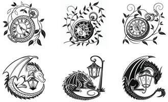 A set of four different designs of dragons and clocks vector