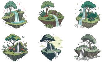 A set of four different illustrations of waterfalls and trees vector
