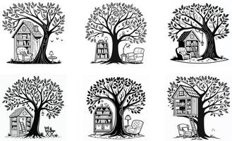 A set of illustrations of trees with houses in them vector