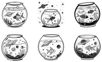 Aquariums set of fish and other objects in a glass bowl vector