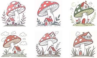 Set of mushroom houses with houses and trees vector