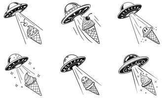 Alien ice cream cone with flying saucer and stars vector