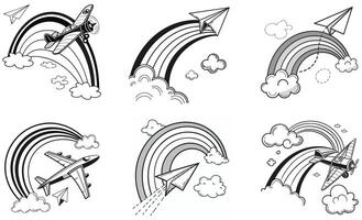 A set of four drawings of airplanes flying over a rainbow vector