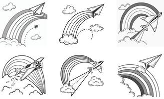 A set of four drawings of airplanes flying over a rainbow vector