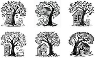 A set of four illustrations of trees with houses vector